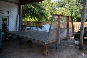 Custom 12' flatbed fabrication with steel frame and reinforced headboard for strength and durability