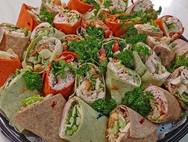 Assorted Wraps Platter:
Chicken Caesar
Hummus & Veggie
Chipotle Chicken
Monterey Turkey & Bacon