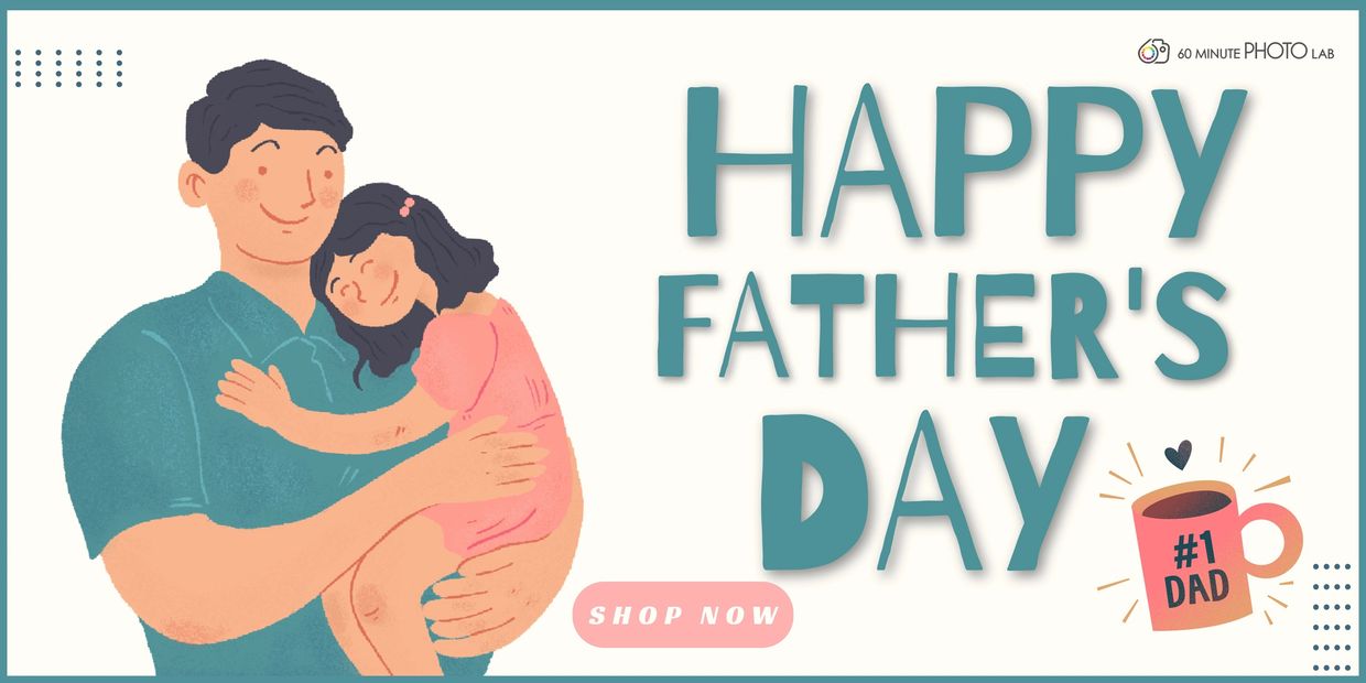 Illustration of a father holding his child with Happy Father's Day text and #1 Dad mug.