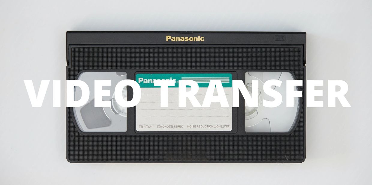 A vintage Panasonic VHS tape with the words VIDEO TRANSFER overlaid.