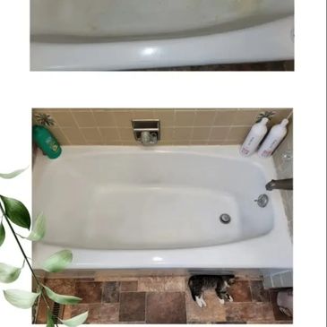 This is a before and after picture but peep the sleeping kitty next to finished tub