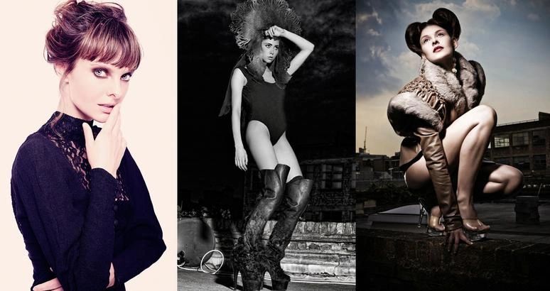 Three women in high-fashion poses and outfits.