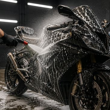 A black sports motorcycle being washed with water and soap.