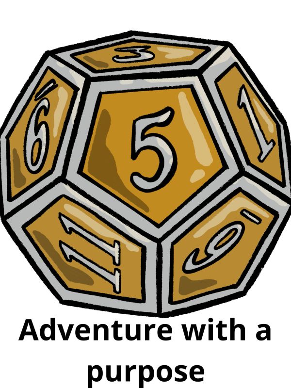 A gold and silver d20 dice with the phrase "Adventure with a purpose".