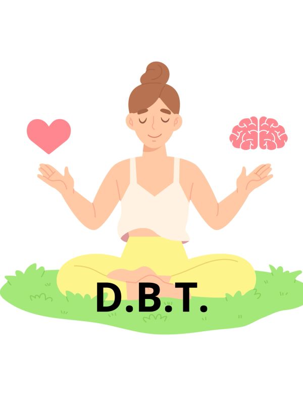 Woman balancing heart and brain with D.B.T. text, meditating in nature.