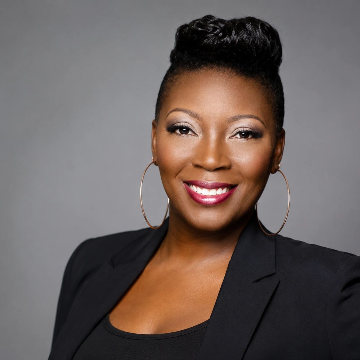 Confident woman with a radiant smile in professional attire.
