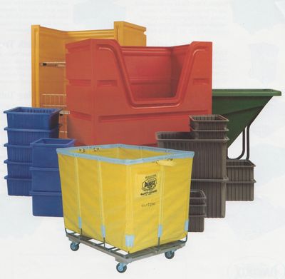 grouping of various Dandux Products including shelf truck, bulk truck, tilt truck, tote boxesa and y