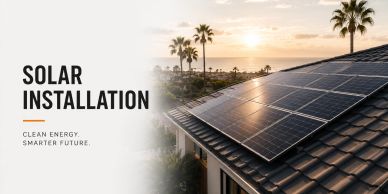 Solar panels installed on a rooftop at sunset.