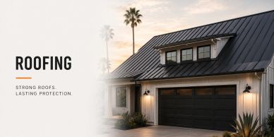 Modern house with a metal roof at sunset.