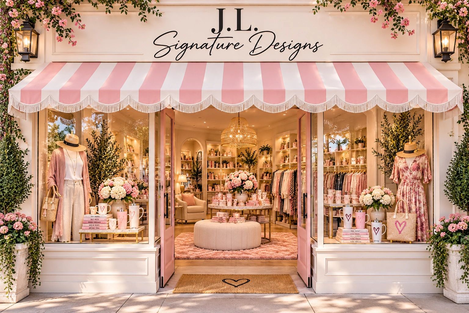 Charming boutique store with pink accents and floral decor.