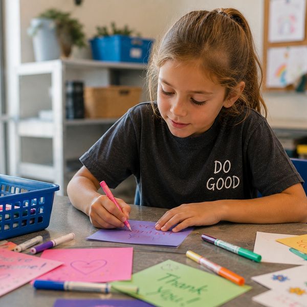 Girl writing thank you cards at a table.