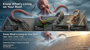 Octopus on roof symbolizes roof-damaging organisms like algae, moss, lichen, and fungi.
