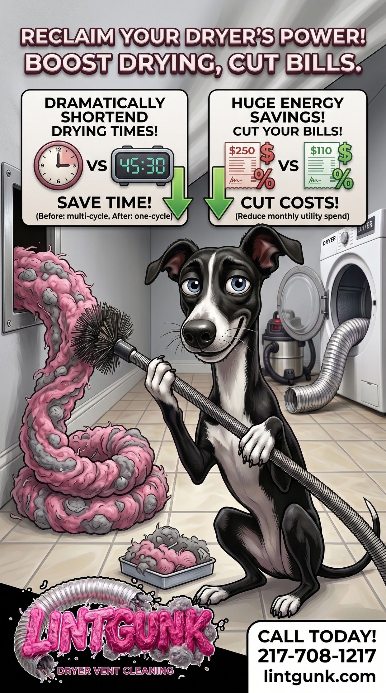 Dog cleaning dryer vent to boost drying and save bills.
