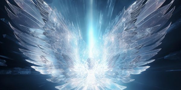 Silver angel wings on a dark blue background with light radiating from the center.