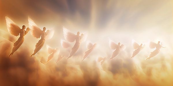 Sunset colors of orange and 10 angels flying in the clouds with the sunrays shining upward.