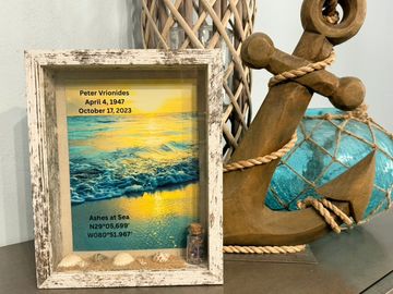 This is a hand made 8x10 treasure box with real sand and your choice of birth stones or ashes in a s