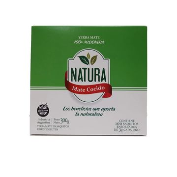 Caja con 100 saquitos ensobrados de mate cocido o yerba mate en saquitos, Natura.