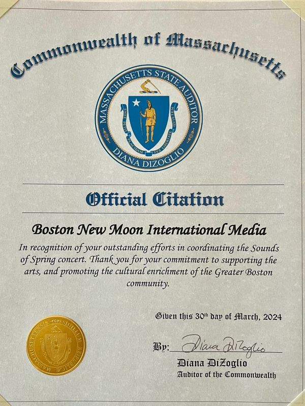 The Auditor of the Commonwealth of Massachusetts offers New Moon International an official citation.