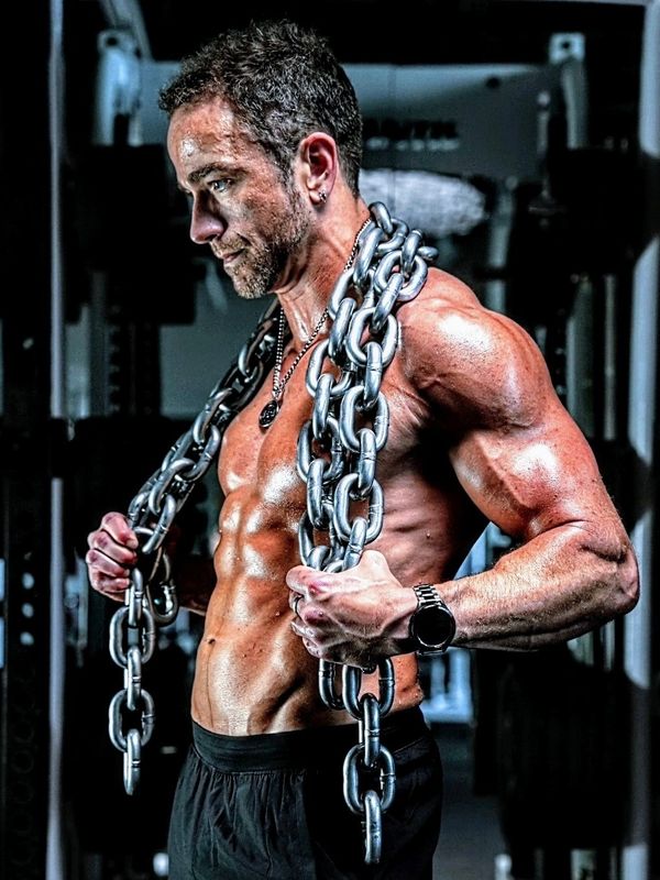 Muscular man holding heavy chains in a gym, showing intense focus.
