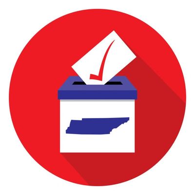 Voting ballot box with Tennessee state symbol on red background.