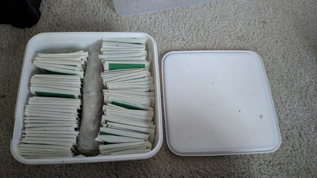A container filled with organized seed packets and an ice pack, next to a white lid.