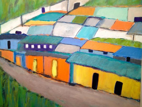 Colorful abstract houses with patchwork roofs.