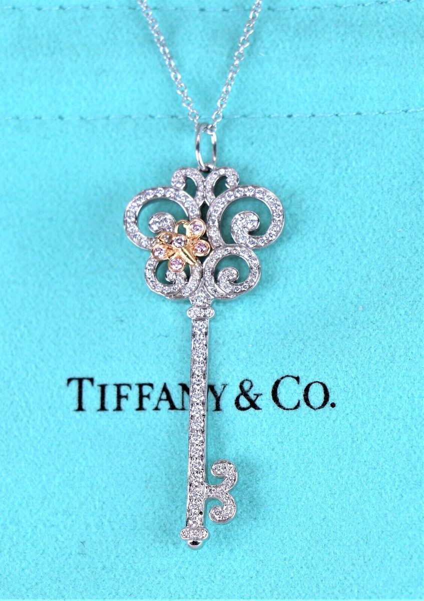 Tiffany & Co. 18k Rose Gold Pink Diamond Enchant Butterfly Key 18" Necklace