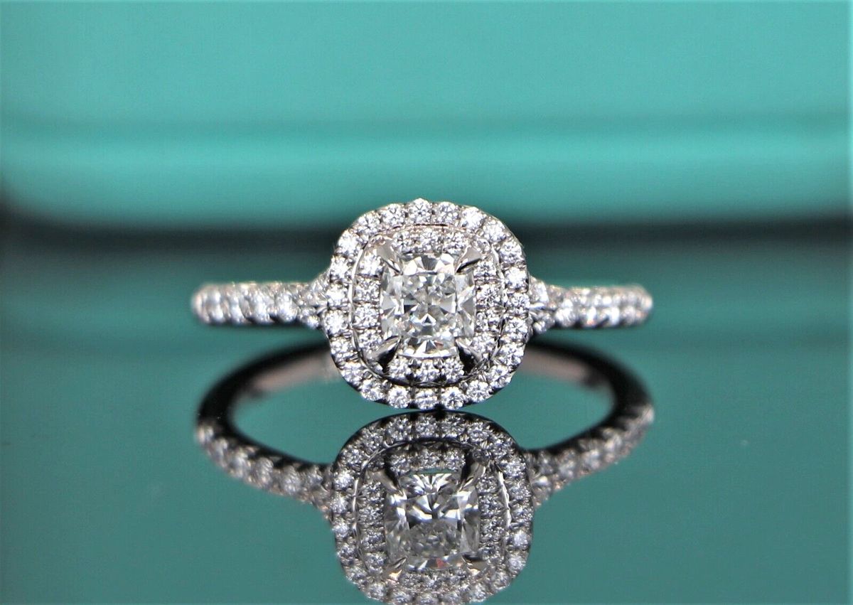 Tiffany \u0026 Co Platinum Soleste Cushion Diamond Double Halo Engagement Ring, image size:1200x851