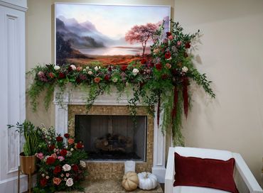 Fireplace decor with , florals, & elegant Christmas & seasonal décor. Thanksgiving and Christmas 