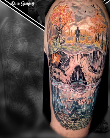 Realistic colour autumn landscape tattoo with detailed nature scenery by Dave Sanders of Renegade Ta