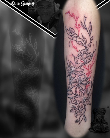 Fine detail floral  tattoo with black and color linework by Dave Sanders of Renegade Tattoo Canada 