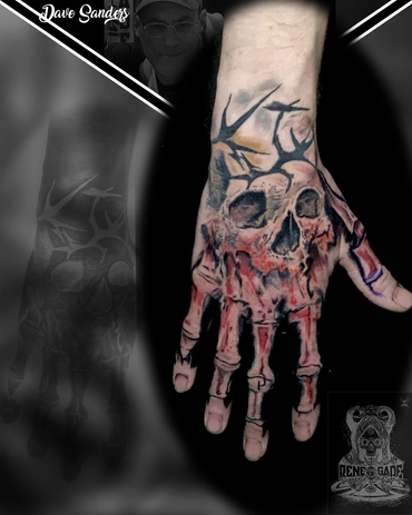 Detailed skull  hand tattoo by Hamilton tattoo artist Dave Sanders at Renegade Tattoo Canada.