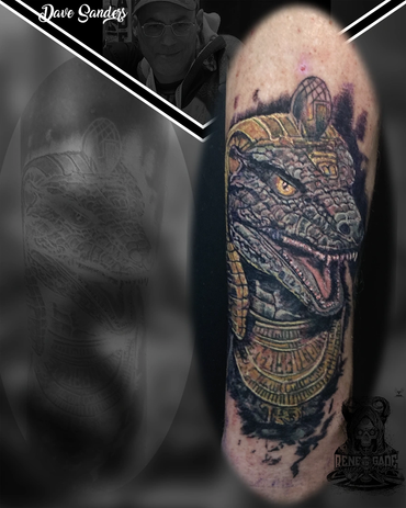 Detailed Egyptian Sabek tattoo  by Dave Sanders at Renegade Tattoo Canada in Hamilton, Ontario.