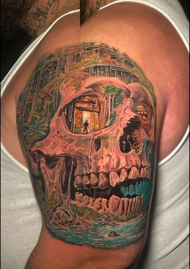 Detailed colour skull tattoo with nature scene by Dave Sanders at Renegade Tattoo Canada in Hamilton