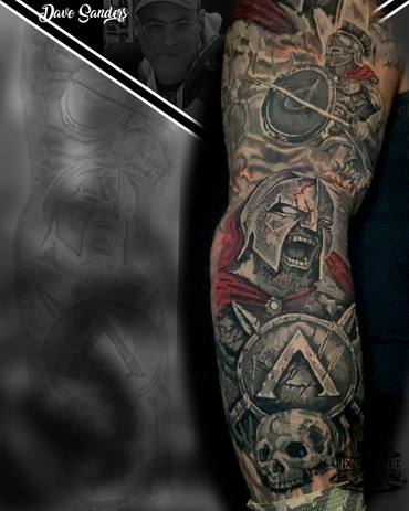 Detailed black and grey Spartan and Greek themed tattoo sleeve by Dave Sanders at Renegade Tattoo Ca