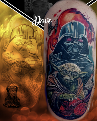 Star Wars tribute tattoo with Darth Vader, Yoda and Luke Skywalker