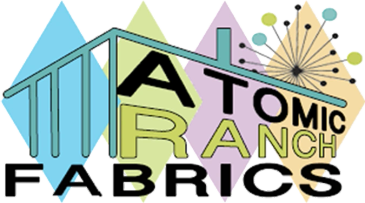 Colorful logo for Atomic Ranch Fabrics with geometric shapes and stylized text.