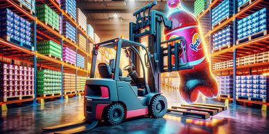 Picture of pallet Picker lifting a giant bottle of soda off of a pallet in a smart storage facility