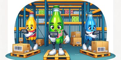Animated beverage bottles taking inventory in a 3PL warehouse
