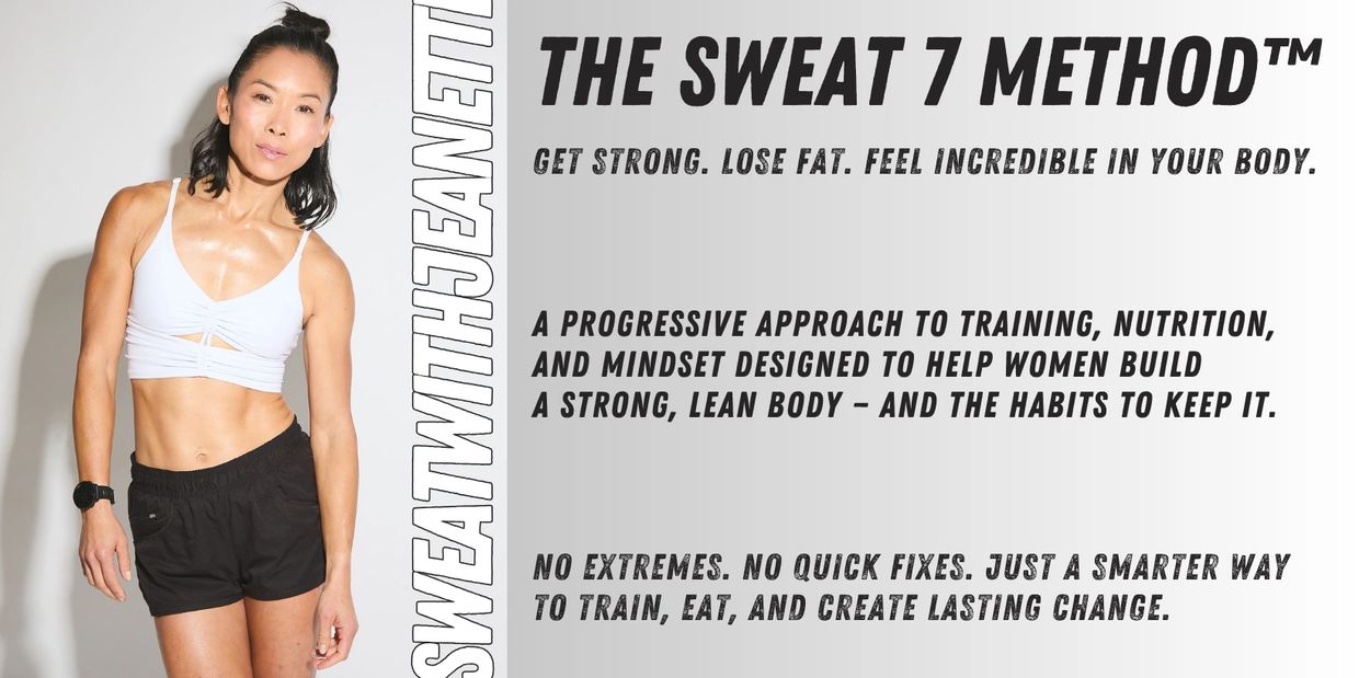 Woman posing beside text promoting The Sweat 7 Method fitness program.