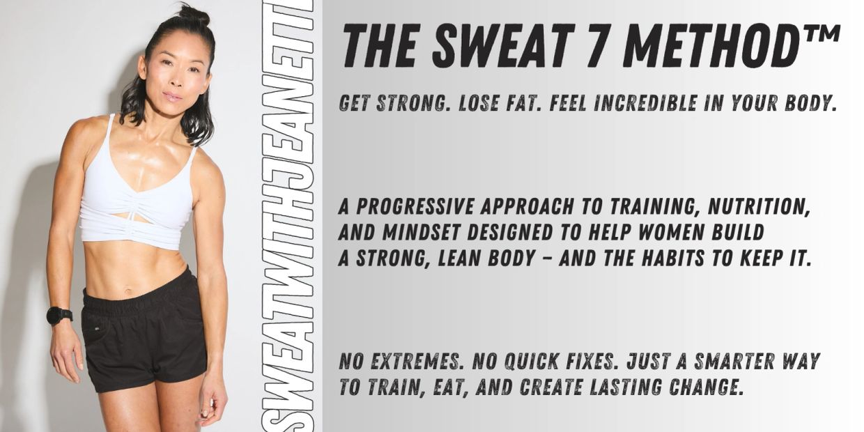 Woman posing beside text promoting The Sweat 7 Method fitness program.