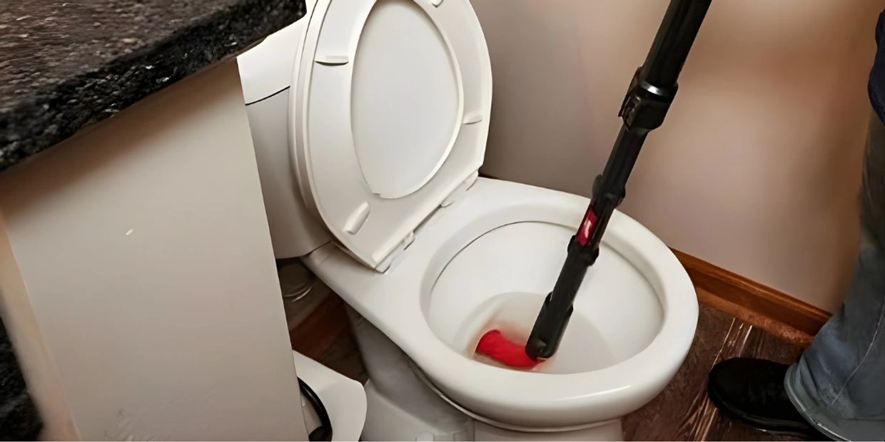 Plumber using a drain auger to clear a toilet clog during a sewer backup repair in Summerville