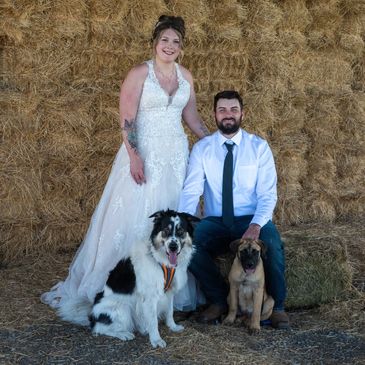 Bride and groom with two dogs in front of hay bales.
