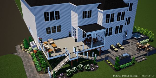 3D design for outdoor living space with hot tub and deck installation 