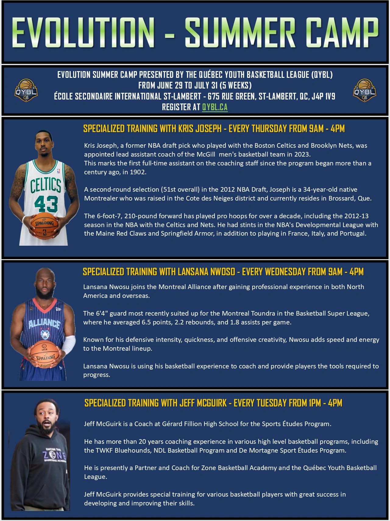 Evolution Summer Camp offers specialized basketball training with experienced coaches Kris Joseph, Lansana Nwosu, and Jeff McGuirk.