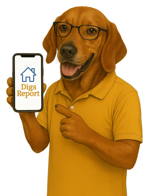 Dog in glasses and yellow shirt holding phone showing 'Digs Report'.