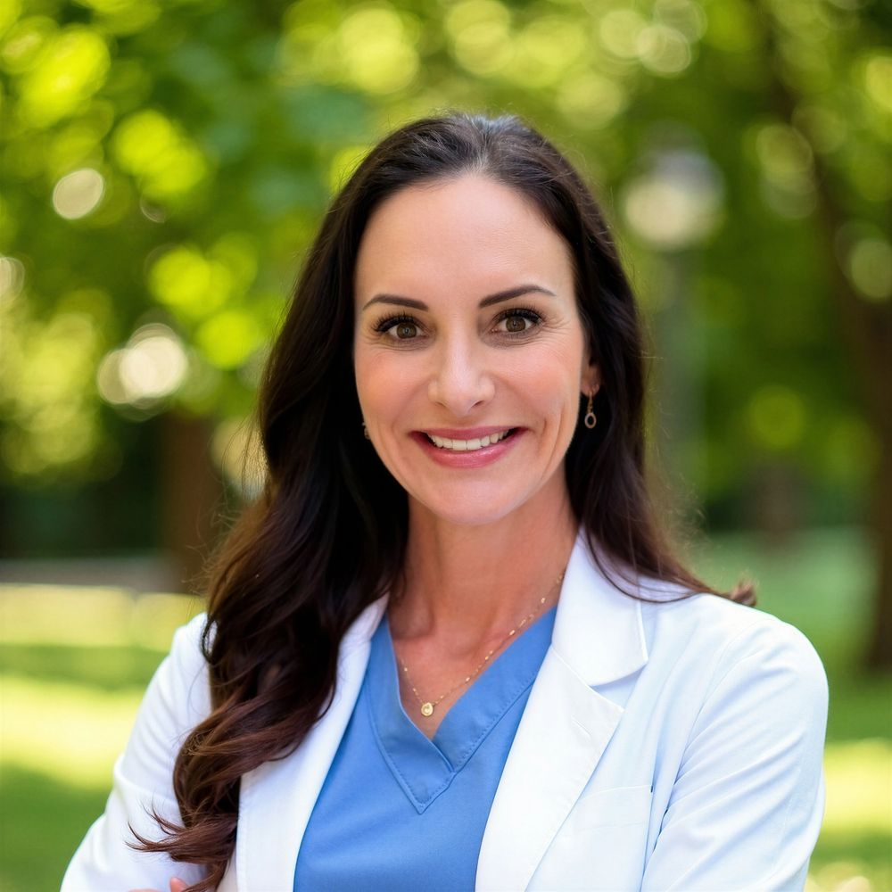 Confident female doctor outdoors in white coat and blue scrubs.
