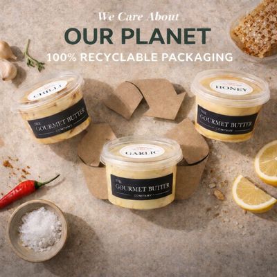 Eco-friendly gourmet butter packaging with garlic, chili, and honey flavors.