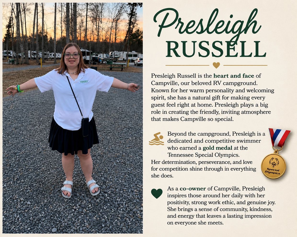 Presleigh Russell, Campville's heart, and Special Olympics gold medalist swimmer, spreading positivity and community spirit.