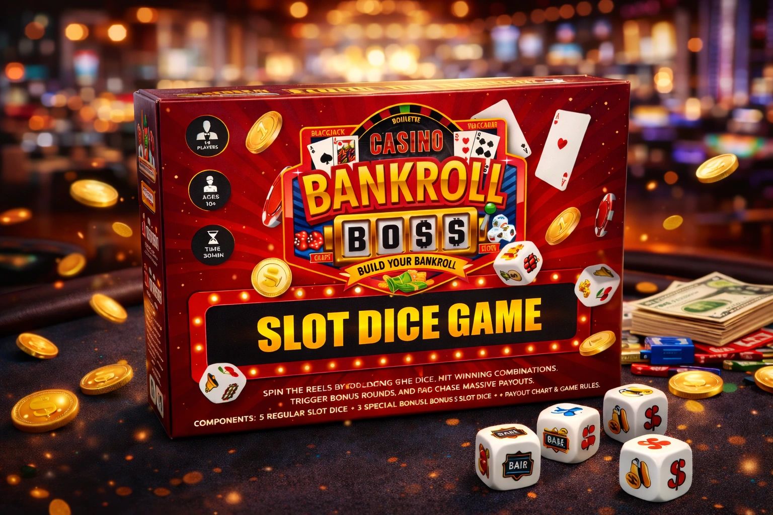 Casino Bankroll Boss slot dice game with dice, poker chips, cash, and gold coins.